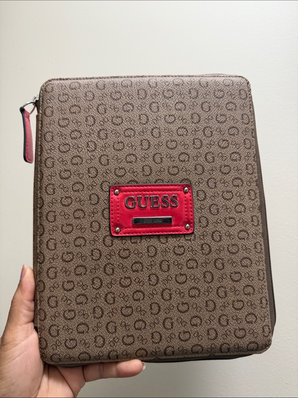 GUESS Brown Tablet Folio with Red Logo Accent